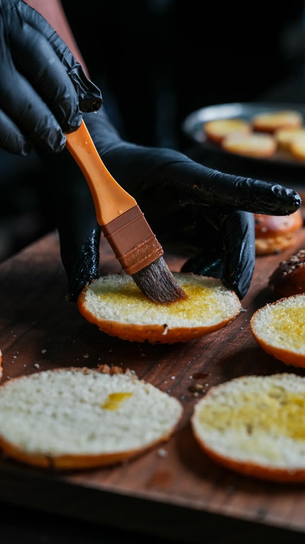 A gloved hand brushing burger buns